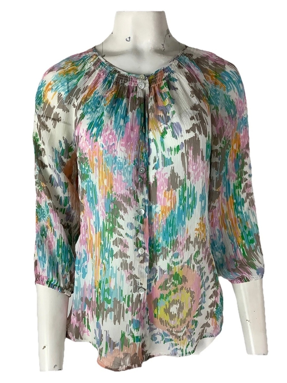 Sundance Sz M 100% Silk Pleated Wearable Art Colorful Artsy Lightweight Top